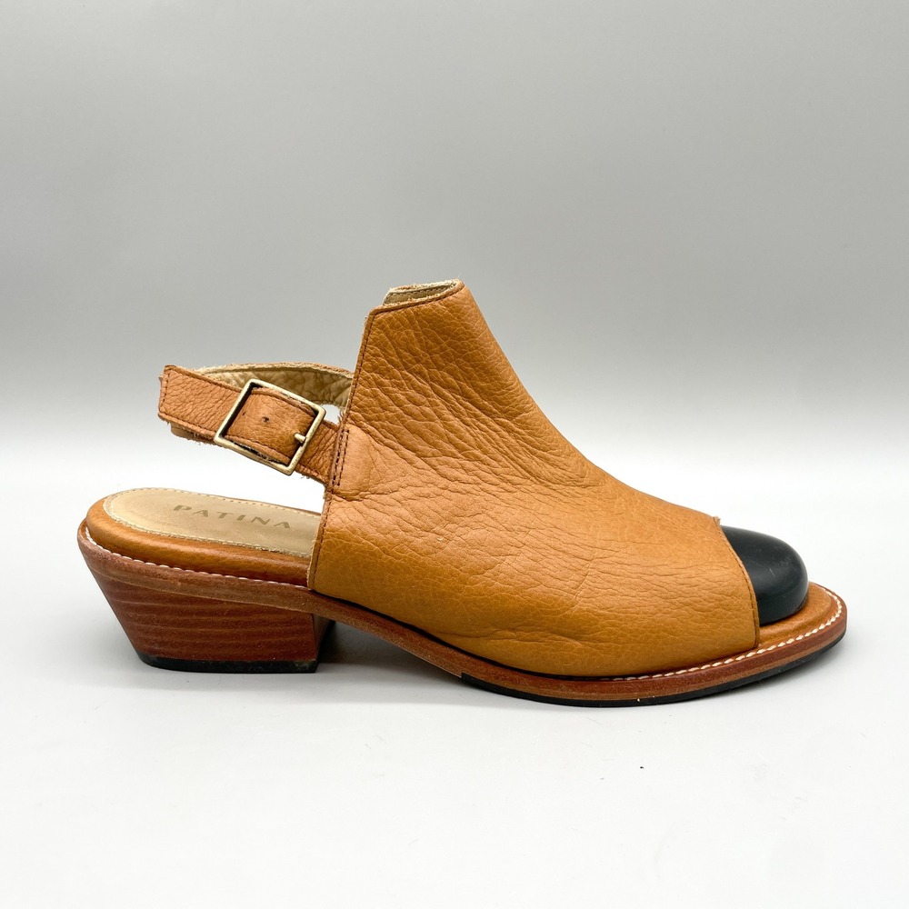 Patina Portland Leather Womens 9 Slingback Mules Sandals Tan Peep Toe Heel Boho